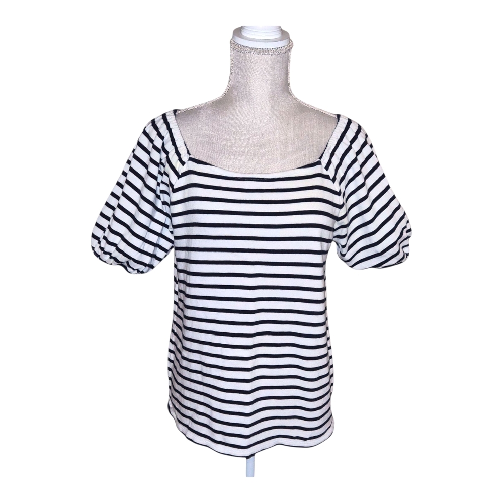 LOFT Black and White Striped Puff Sleeve Top